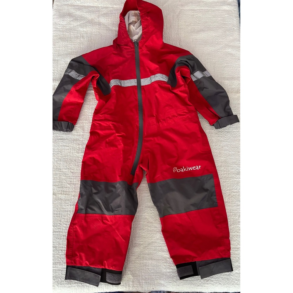 Oakiwear Kids Red Grey Waterproof Rain Trail Suit One Piece Hooded 3T